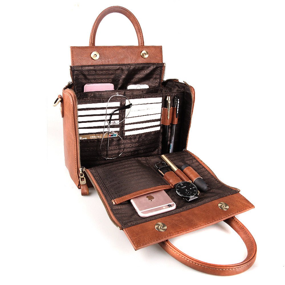 Leather Large Capacity Multi - Pocket Business Laptop Handbags Brown