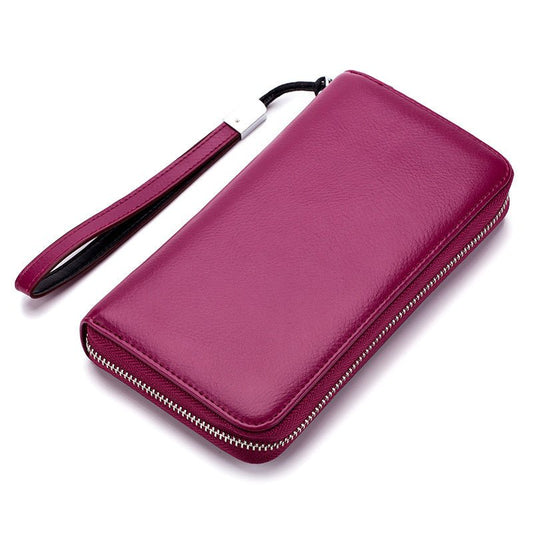 Leather Long Wallet Leather Wallet Men Clutch Bag Zipper Clutch Bag Rose purple