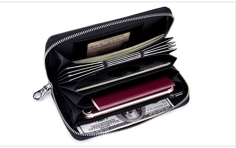 Leather Long Wallet Leather Wallet Men Clutch Bag Zipper Clutch Bag Black
