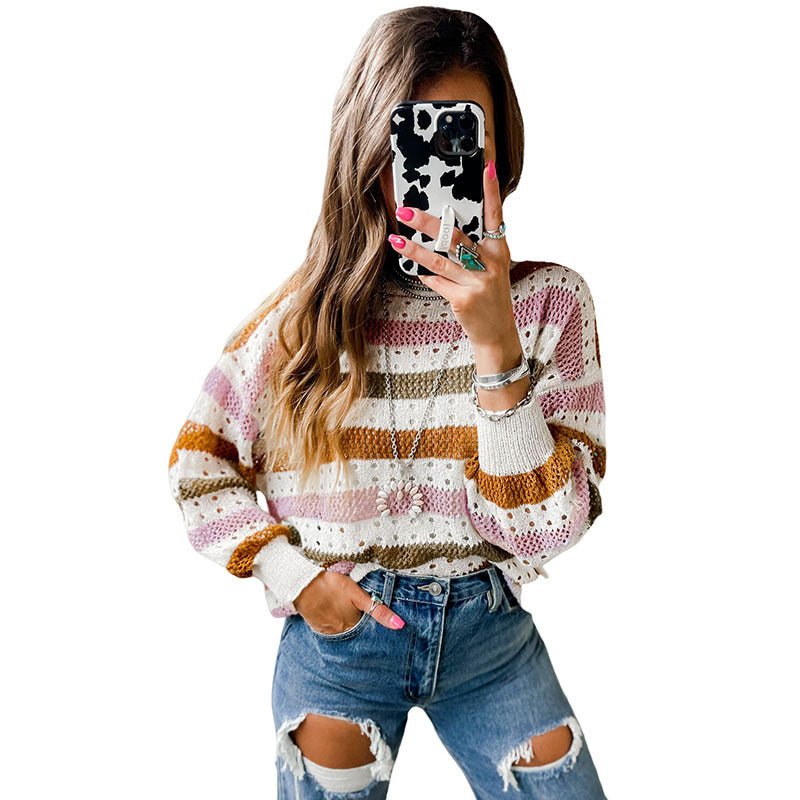 Leisure Personality Stitching Striped Round Neck Sweater Purple