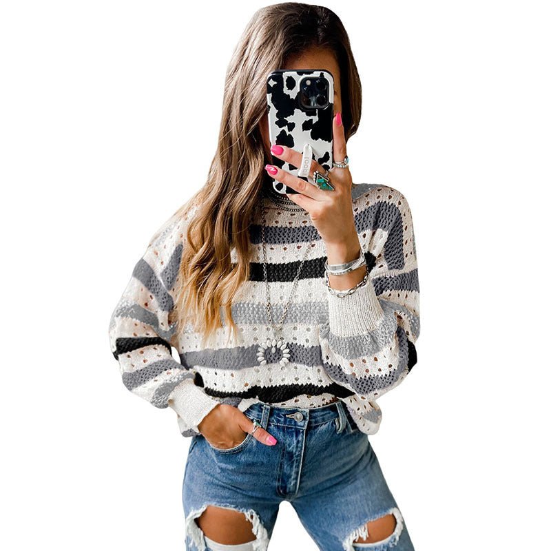 Leisure Personality Stitching Striped Round Neck Sweater Black