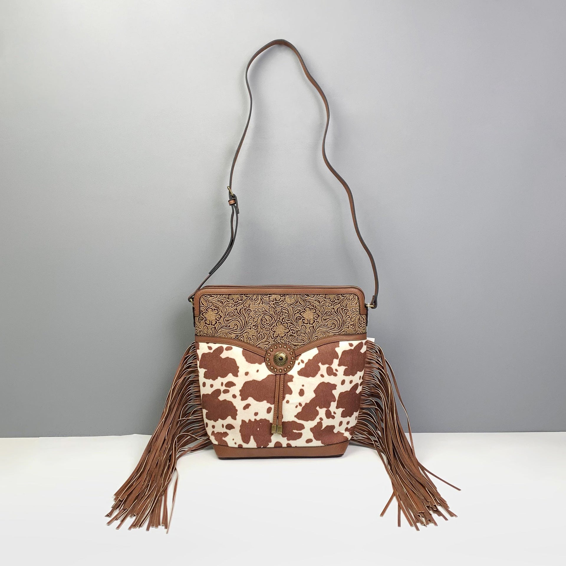 Leopard Design Shoulder Bag with Retro Tassel Accents Brown