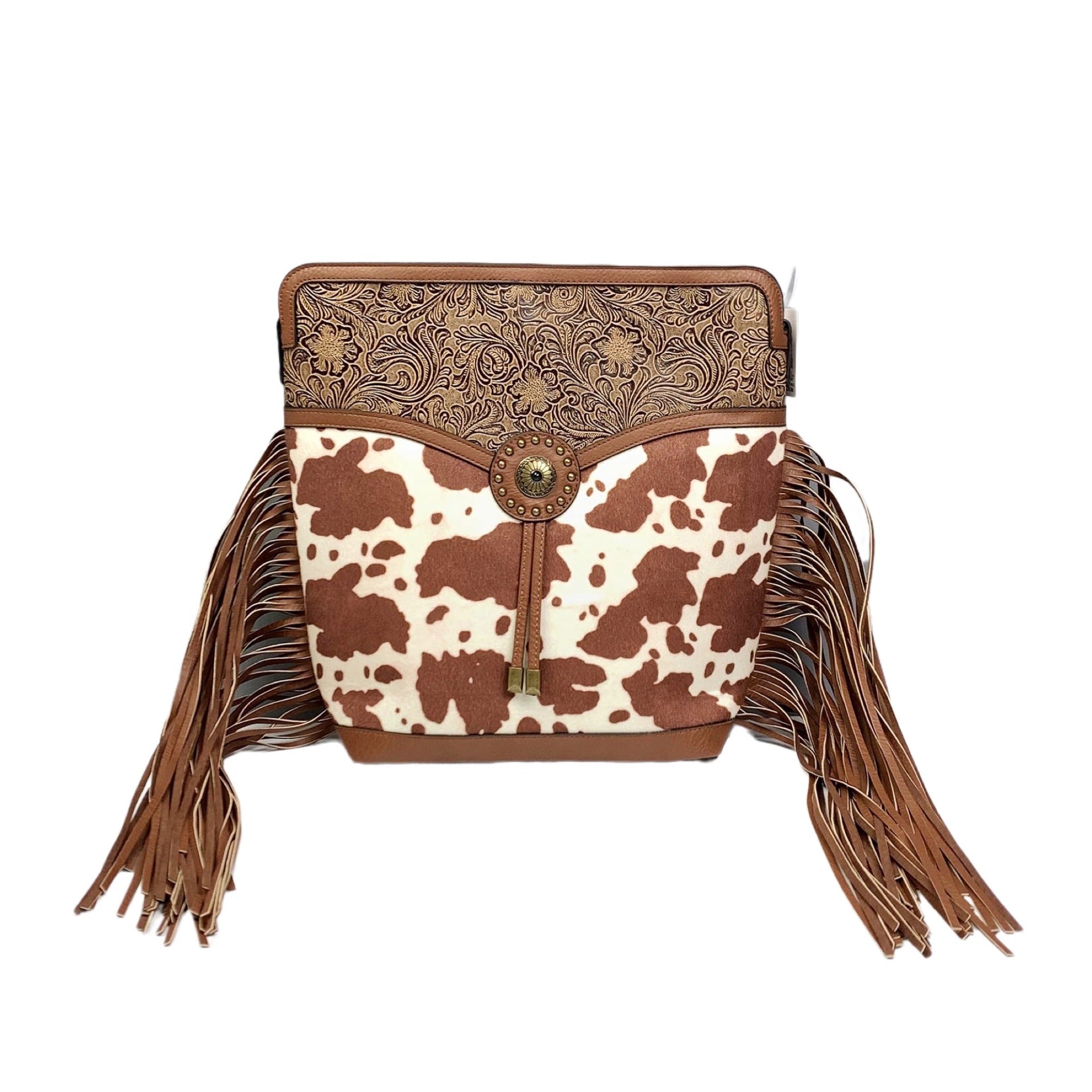 Leopard Design Shoulder Bag with Retro Tassel Accents Brown