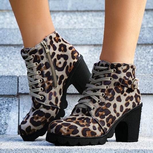 Leopard Print Ankle Winter Square Heel Suede Lace - up Zip Boots Women Blue