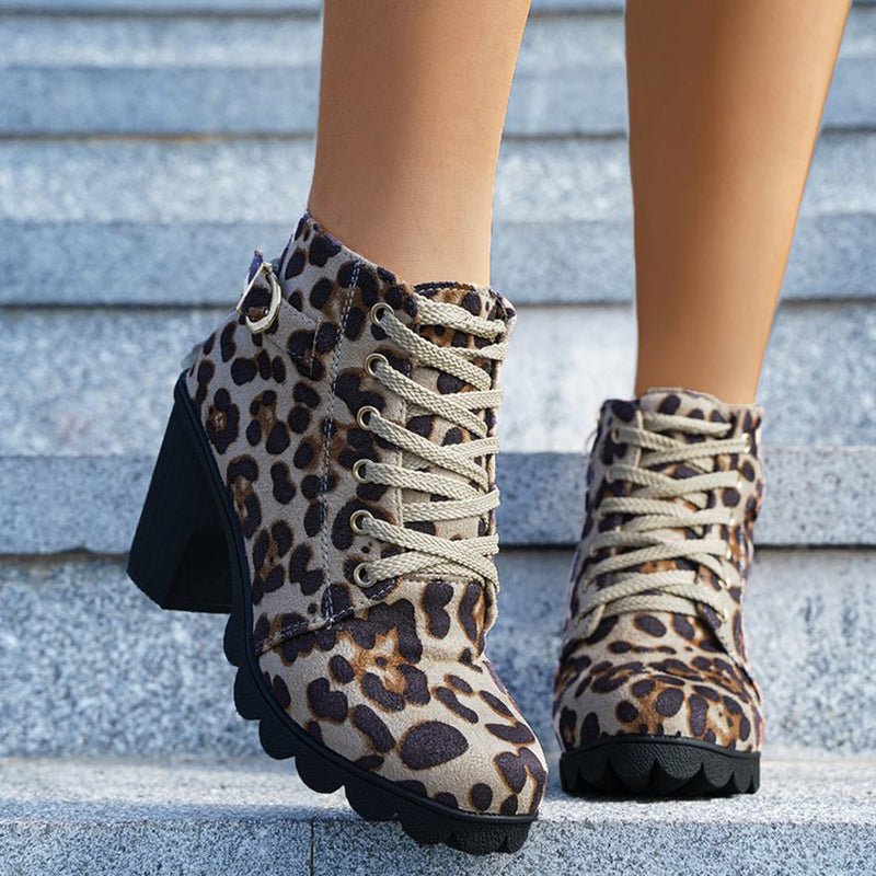 Leopard Print Ankle Winter Square Heel Suede Lace - up Zip Boots Women Leopard