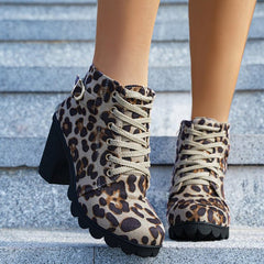 Leopard Print Ankle Winter Square Heel Suede Lace - up Zip Boots Women Leopard