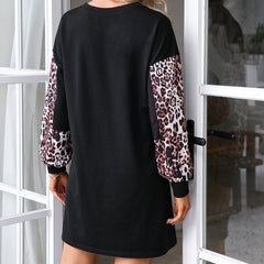 Leopard Print Contrast Color Stitching Neck Pullover Black