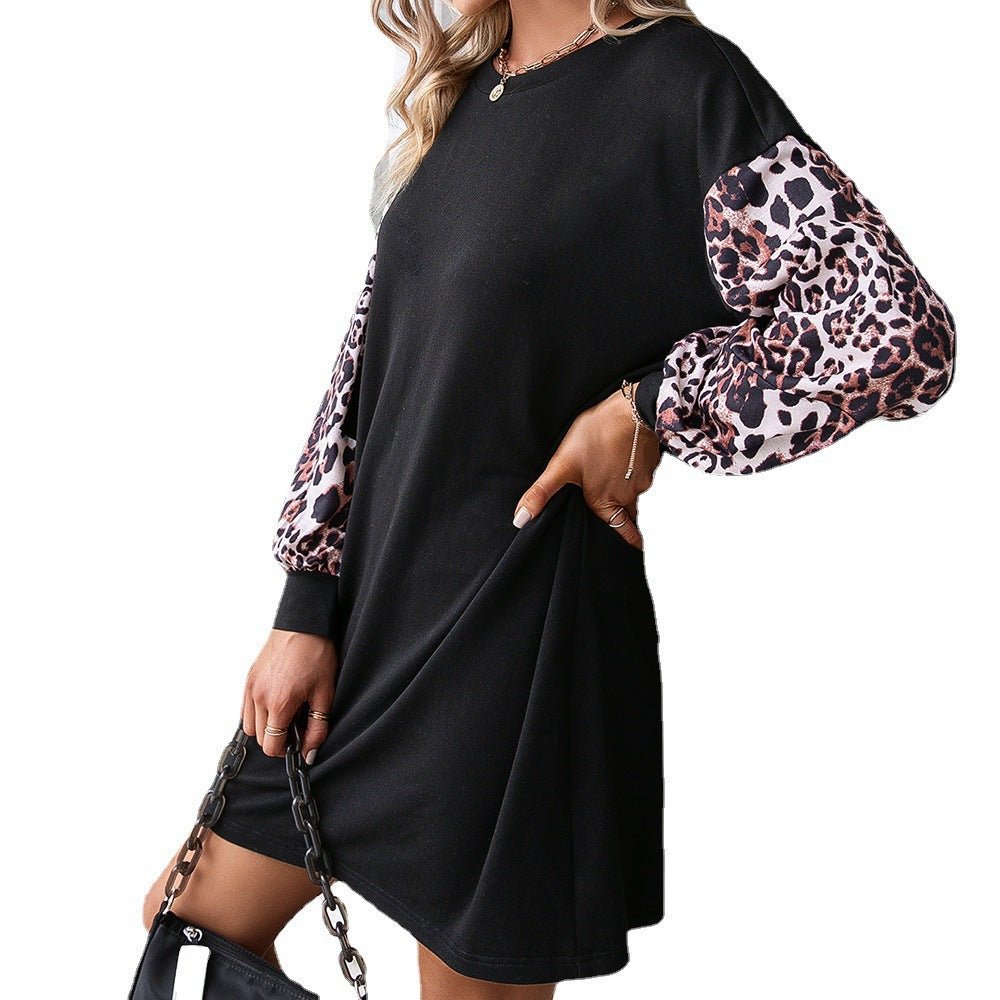 Leopard Print Contrast Color Stitching Neck Pullover Black