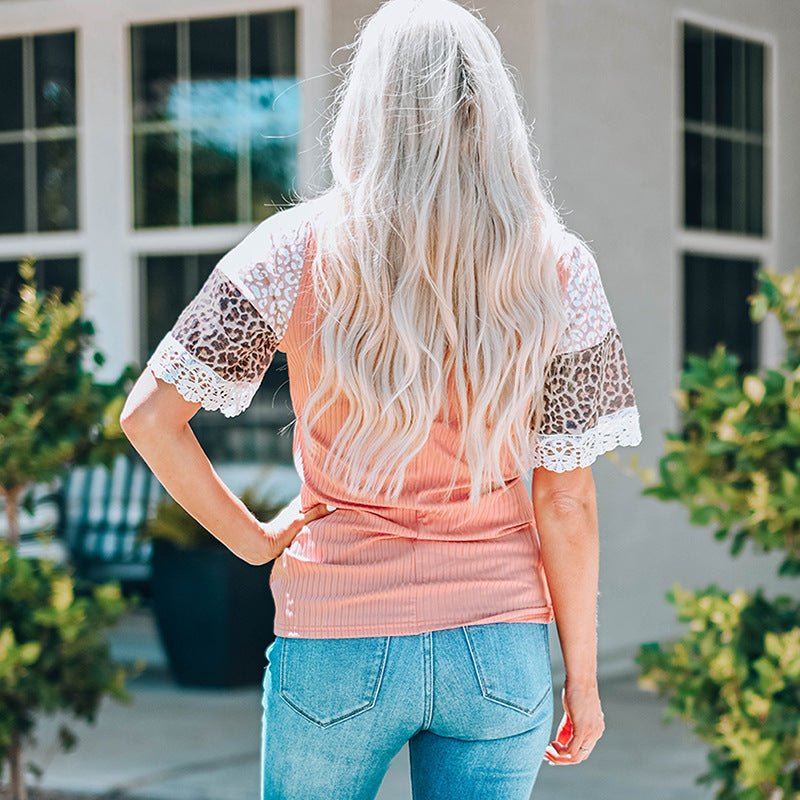 Leopard Print Lace Half Sleeve Top - Summer Fashion Pink