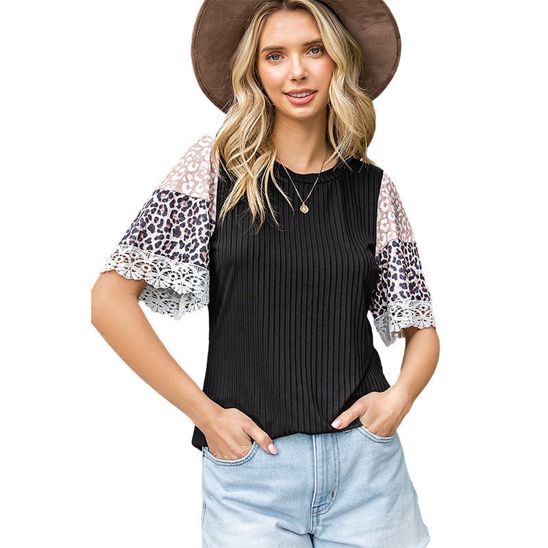 Leopard Print Lace Half Sleeve Top - Summer Fashion Black