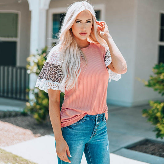 Leopard Print Lace Half Sleeve Top - Summer Fashion Pink