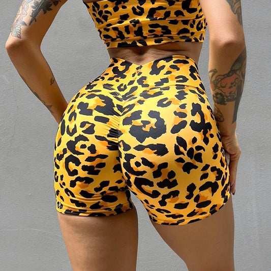 Leopard Print Workout Fitness Sports Yoga Athletic Shorts For Women Yellow Leopard Print