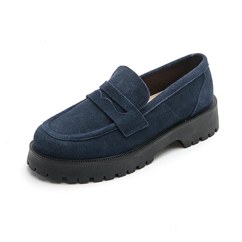 Loafers Comfort And Casual Matte Cowhide British Style Women's Shoes Chunky Heel Platform Slip - on Retro Dark Blue