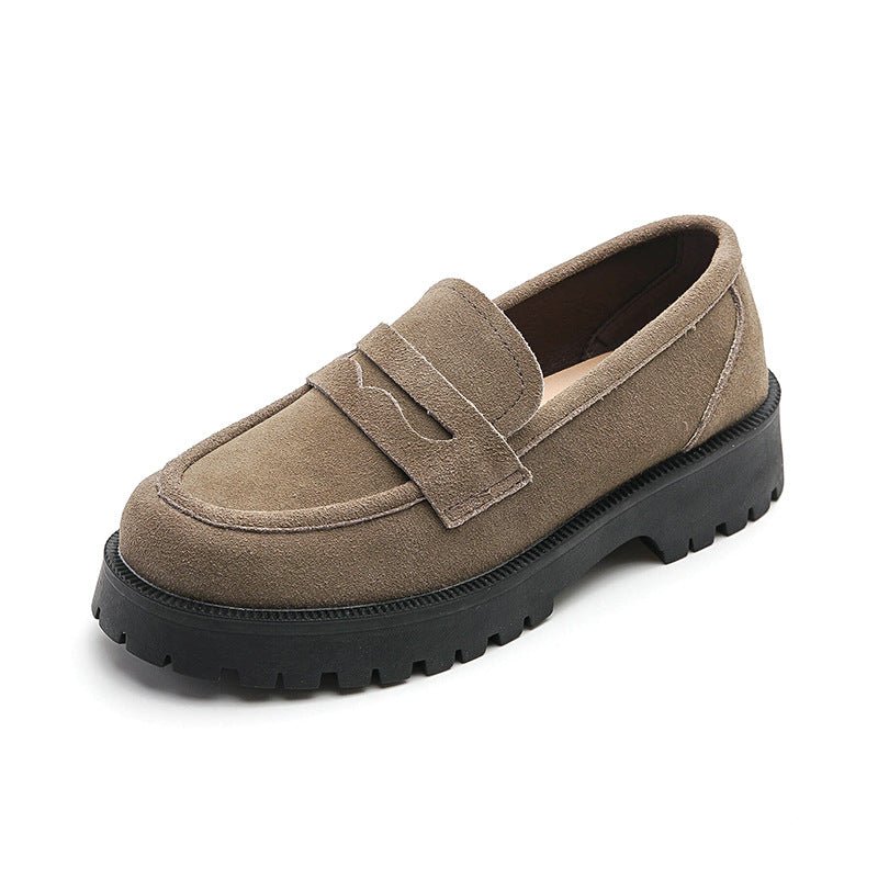 Loafers Comfort And Casual Matte Cowhide British Style Women's Shoes Chunky Heel Platform Slip - on Retro Light Gray