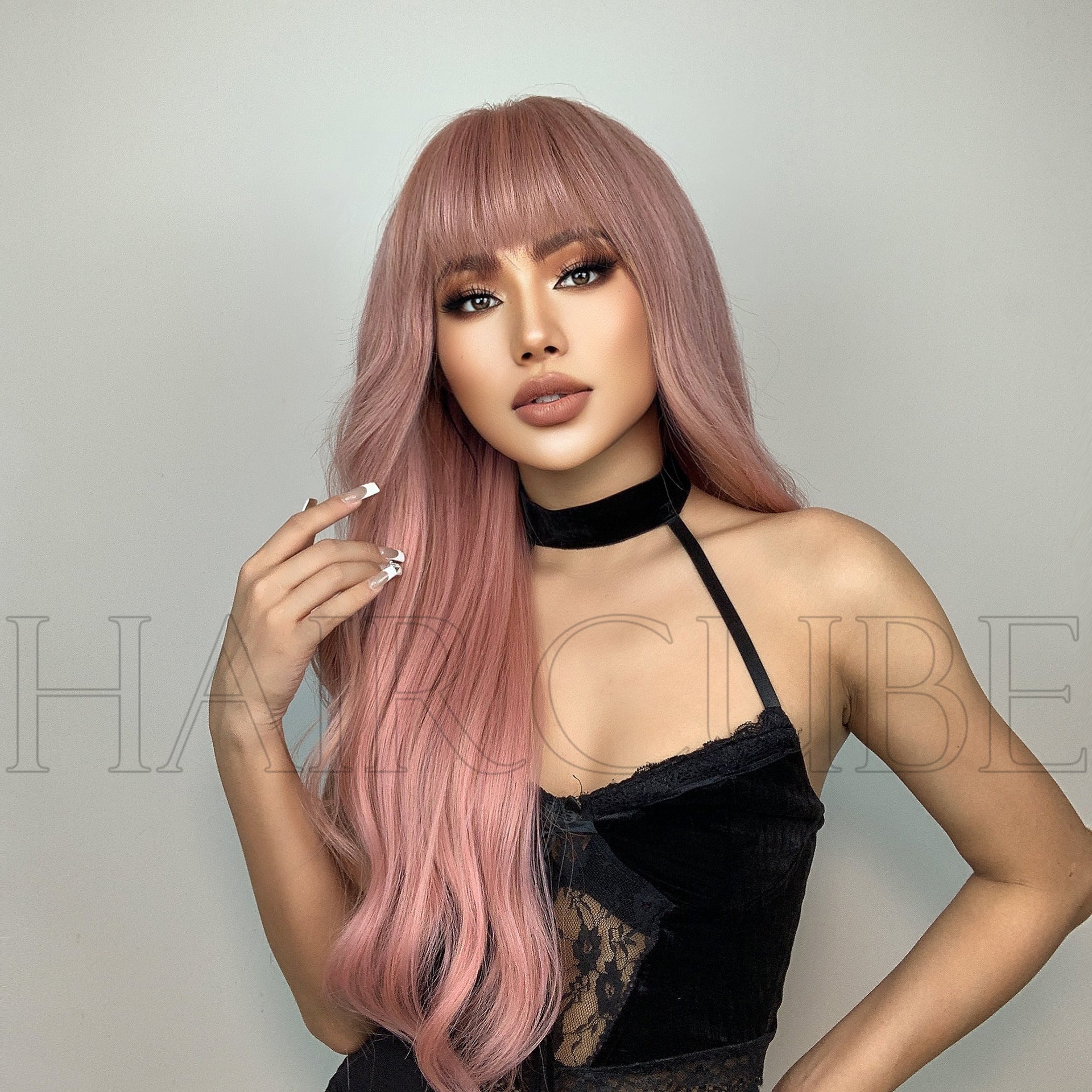 Long Curly Wig with Qi Bangs and Big Waves Pink