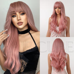 Long Curly Wig with Qi Bangs and Big Waves Pink