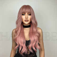 Long Curly Wig with Qi Bangs and Big Waves Pink