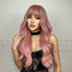 Long Curly Wig with Qi Bangs and Big Waves Pink