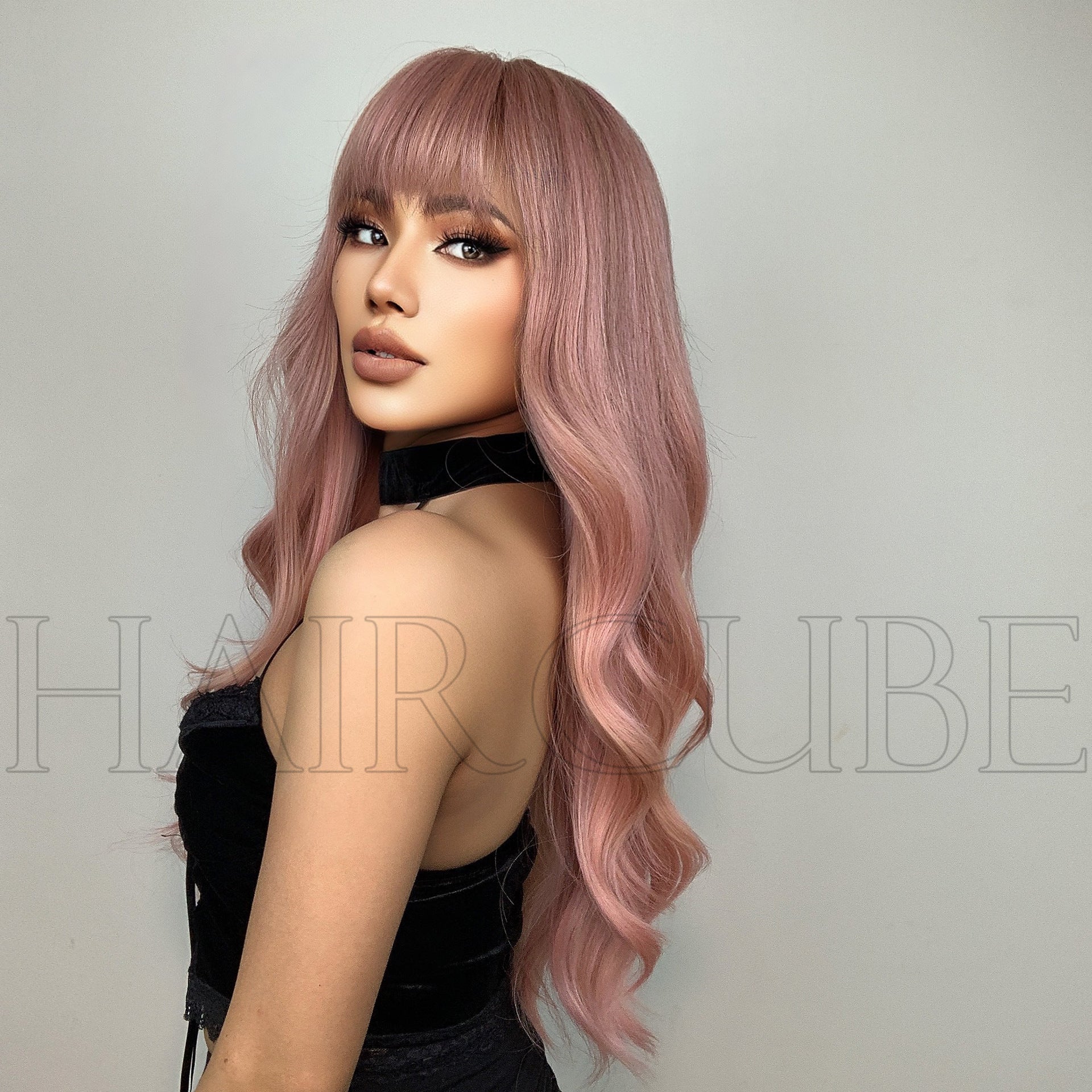 Long Curly Wig with Qi Bangs and Big Waves Pink