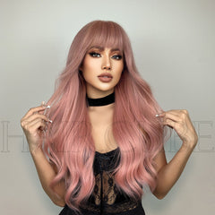 Long Curly Wig with Qi Bangs and Big Waves Pink