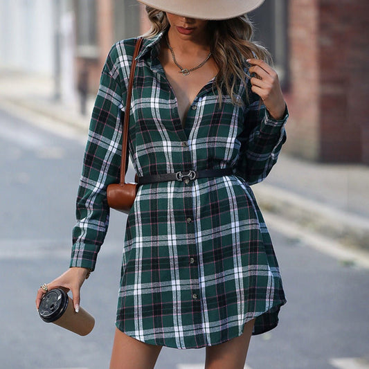 Long Plaid Shirt Dress for Women Green