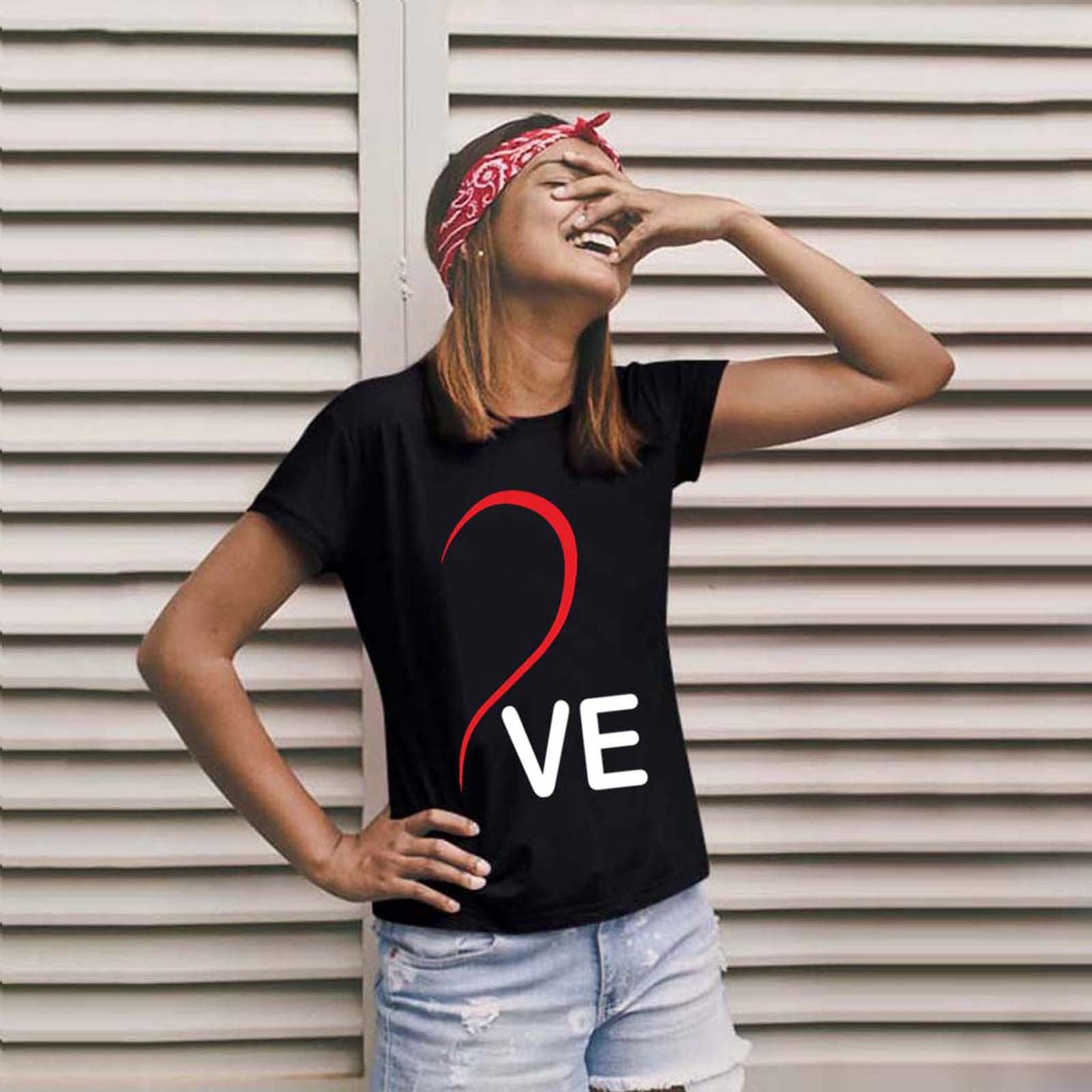 Love Letters Couple Print Round Neck T - shirts Black