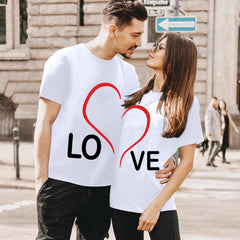 Love Letters Couple Print Round Neck T - shirts White