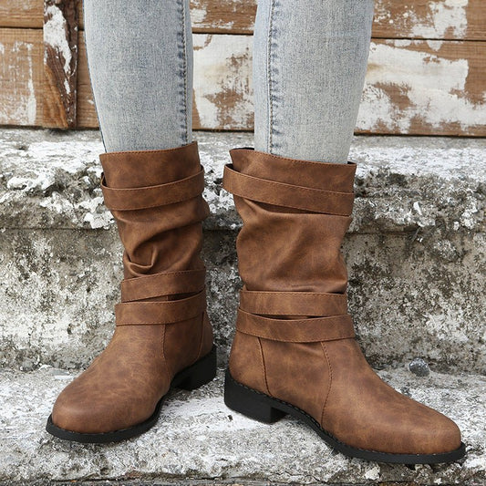 Low Heel Vintage Adjustable Buckle Boots Black
