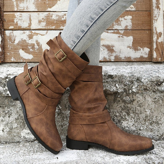 Low Heel Vintage Adjustable Buckle Boots Black