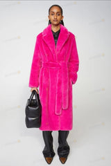 Luxurious Winter Long Rabbit Fur Mink Overcoat Thickened Fleece Coat Rose Red