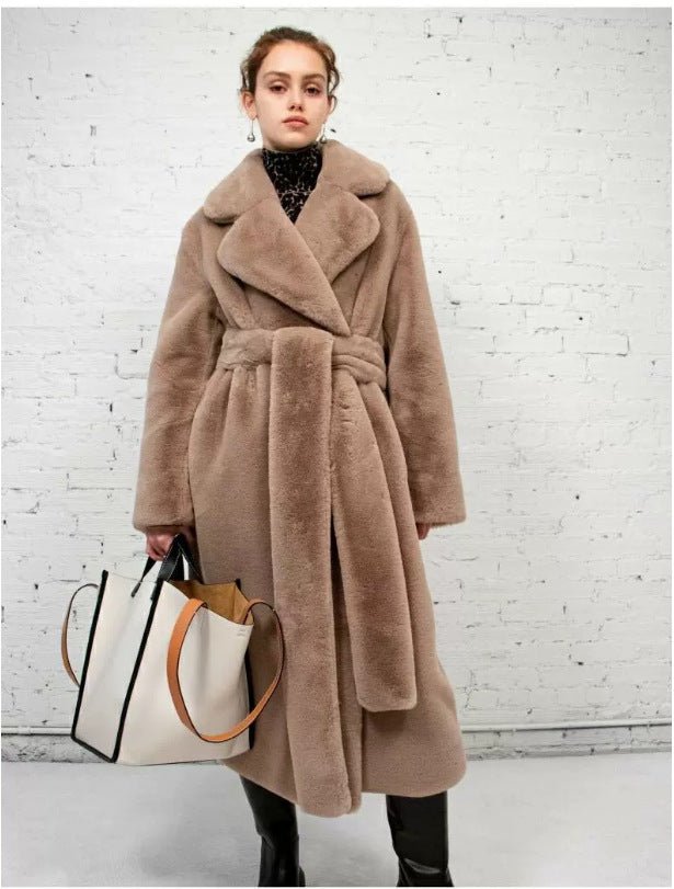 Luxurious Winter Long Rabbit Fur Mink Overcoat Thickened Fleece Coat Light Camel