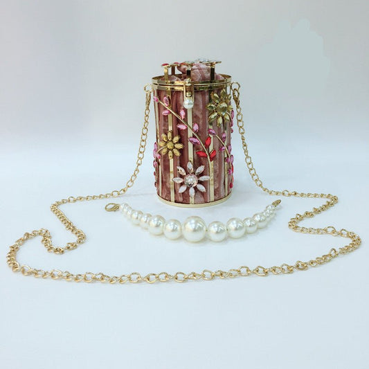 Luxury Crystal Flower Pearl Clutch Round Evening Bag Flannel pink