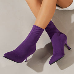 Luxury Pumps Toe Stilettos Ankle Thin - heel Knitted Fly - woven Boots Purple