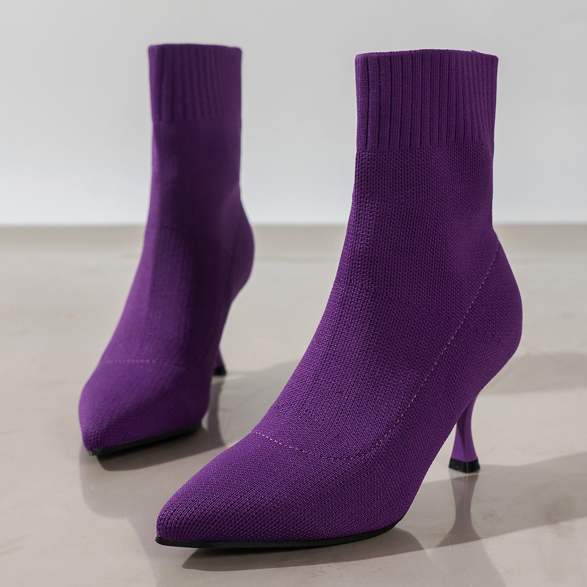 Luxury Pumps Toe Stilettos Ankle Thin - heel Knitted Fly - woven Boots Purple