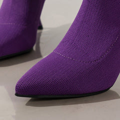 Luxury Pumps Toe Stilettos Ankle Thin - heel Knitted Fly - woven Boots Purple