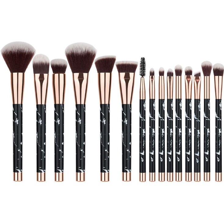 Marble 15 - Piece Makeup Brush Set - Complete Beauty Kit Black