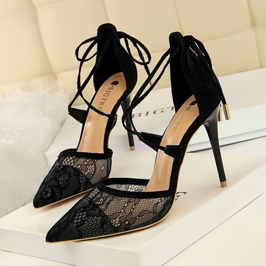 Mesh lace cross cut sandals Black
