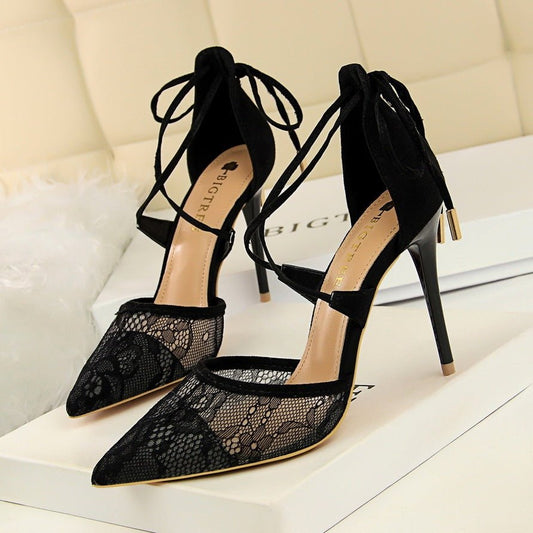 Mesh lace cross cut sandals Black
