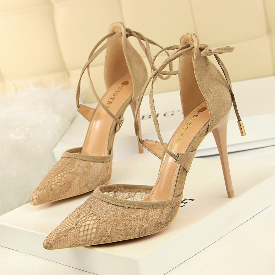 Mesh lace cross cut sandals Khaki