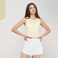 Mesh Short - sleeved T - shirt Split Back Sleeveless Cuff Smock Top Cream Yellow