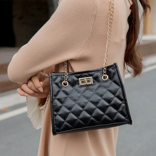 Mini Chain Clutch - Rhombus Stitch Small Square Shoulder Bag for Women Black