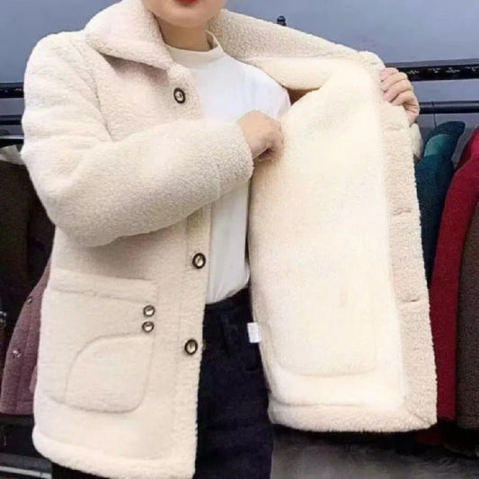 Mother's Wear Autumn And Winter Mid - length Faux Fur Mom Jacket Milky White