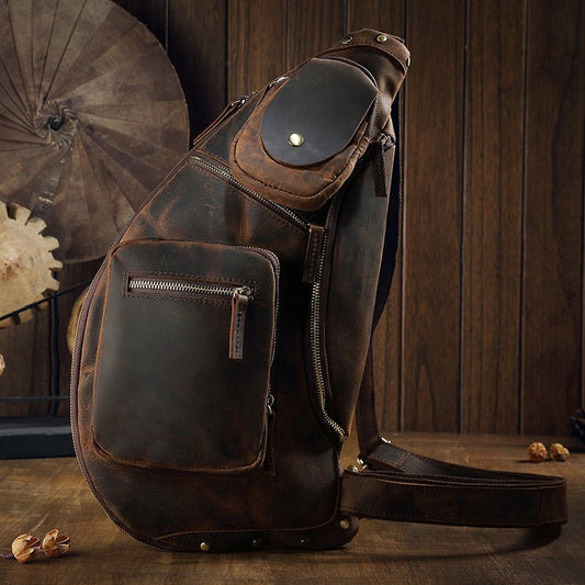 Multifunctional Men's Crazy Horse Leather Clutch Bag Brown