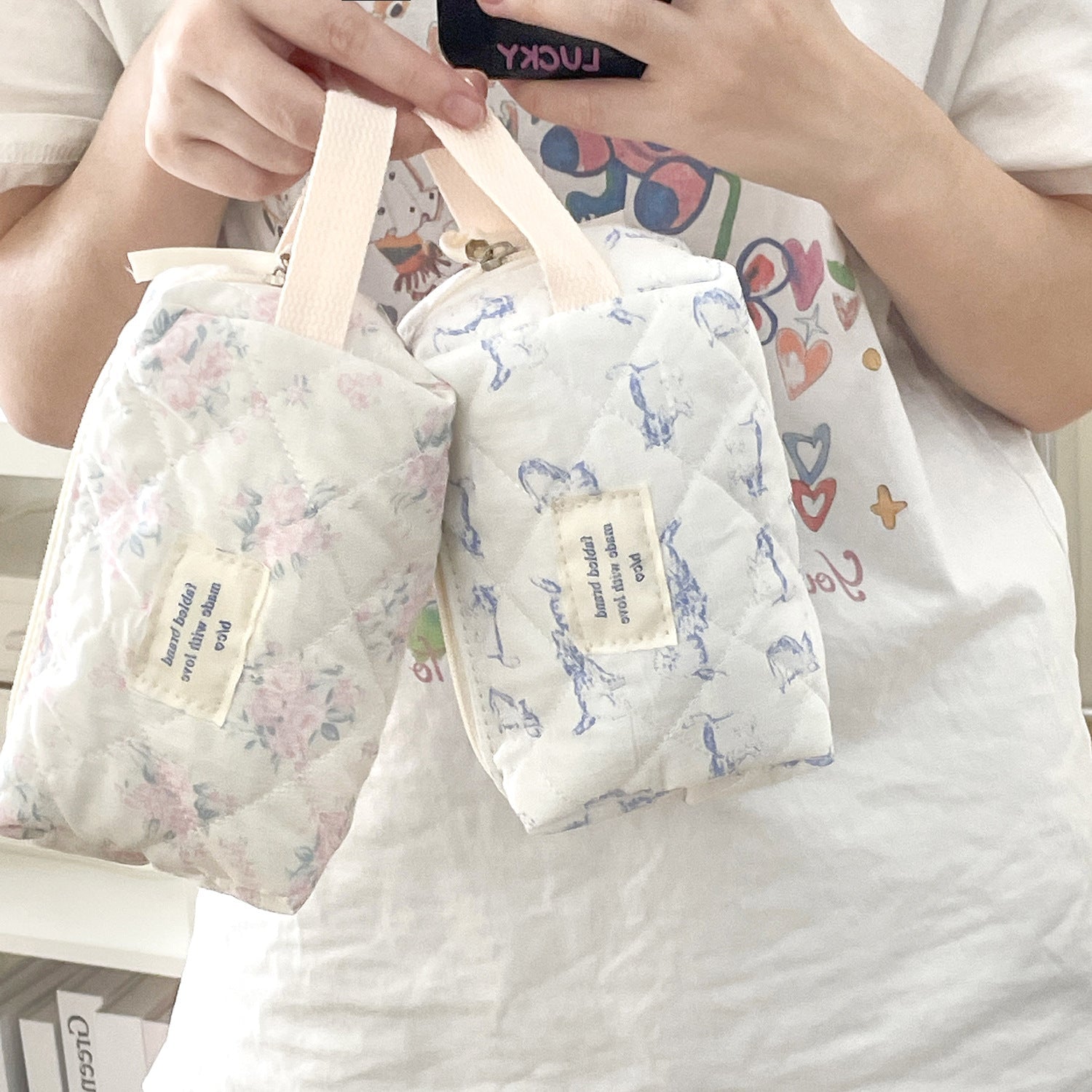 Navy Floral Clutch Bag: Korean Cute Girl Kitty Style, Cotton Storage Pink Rose