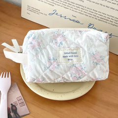Navy Floral Clutch Bag: Korean Cute Girl Kitty Style, Cotton Storage Pink Rose