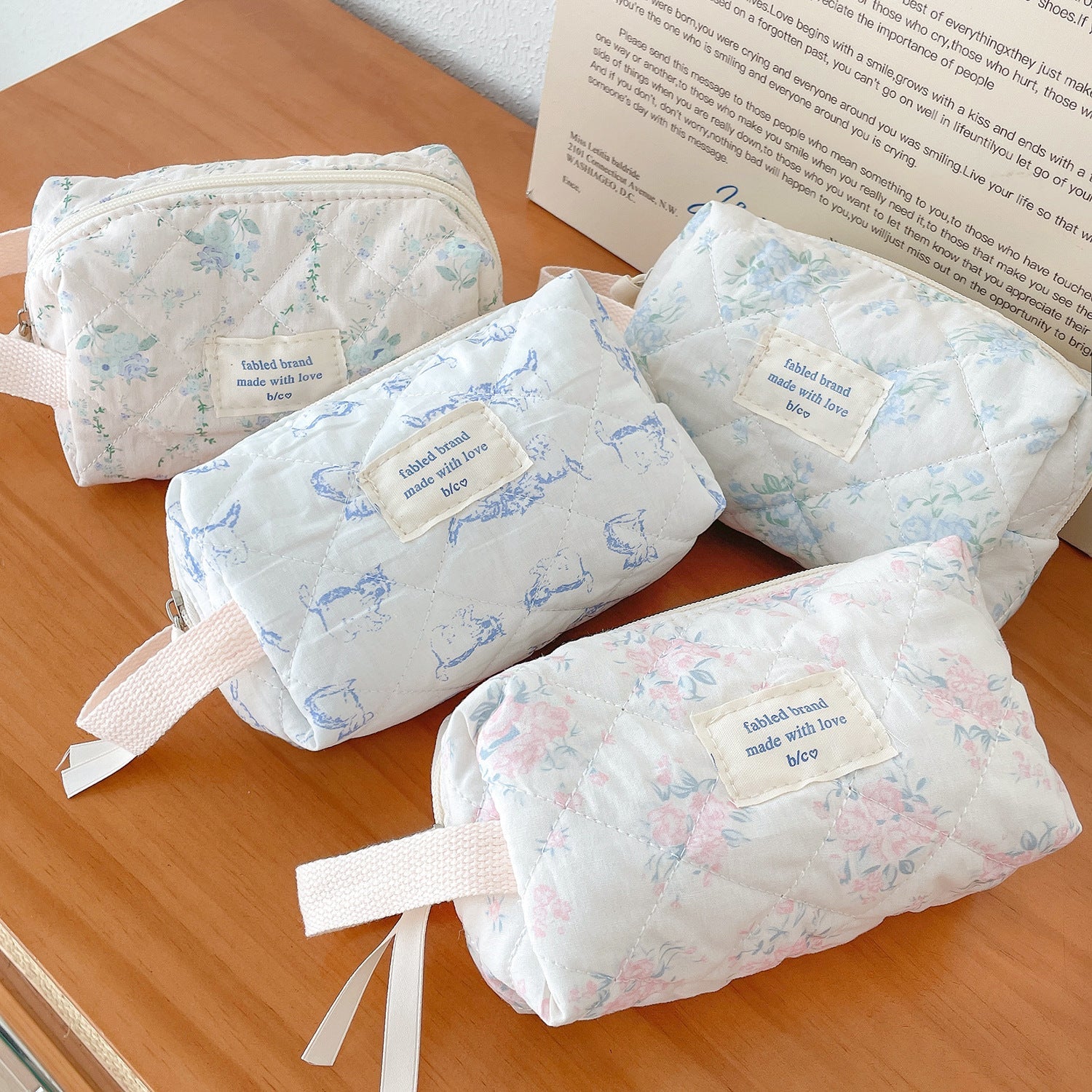Navy Floral Clutch Bag: Korean Cute Girl Kitty Style, Cotton Storage Blue Cat