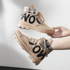 New All - match High - top Girls Canvas Short Boots Women's Shoes Khaki leather and cashmere
