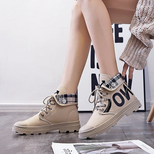 New All - match High - top Girls Canvas Short Boots Women's Shoes Khaki leather and cashmere