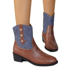 New Denim Patchwork Western Cowboy Boots Brown