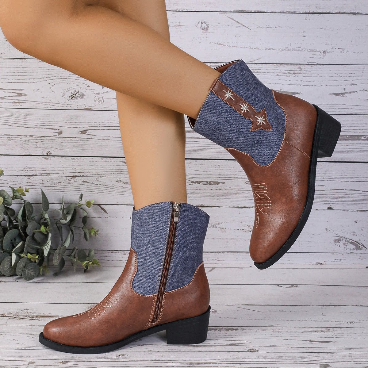 New Denim Patchwork Western Cowboy Boots Black